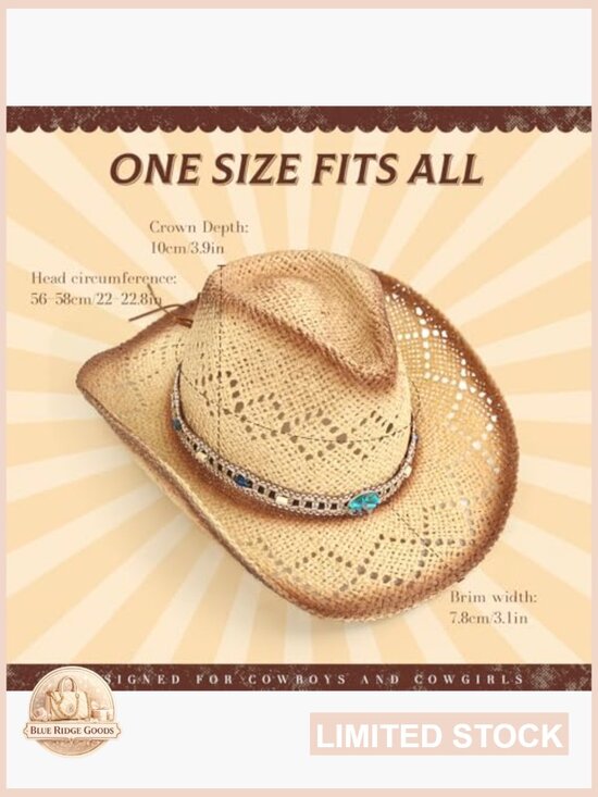 Straw Cowboy Hat Breathable Woven Adjustable Wide Brim Western Style Sun